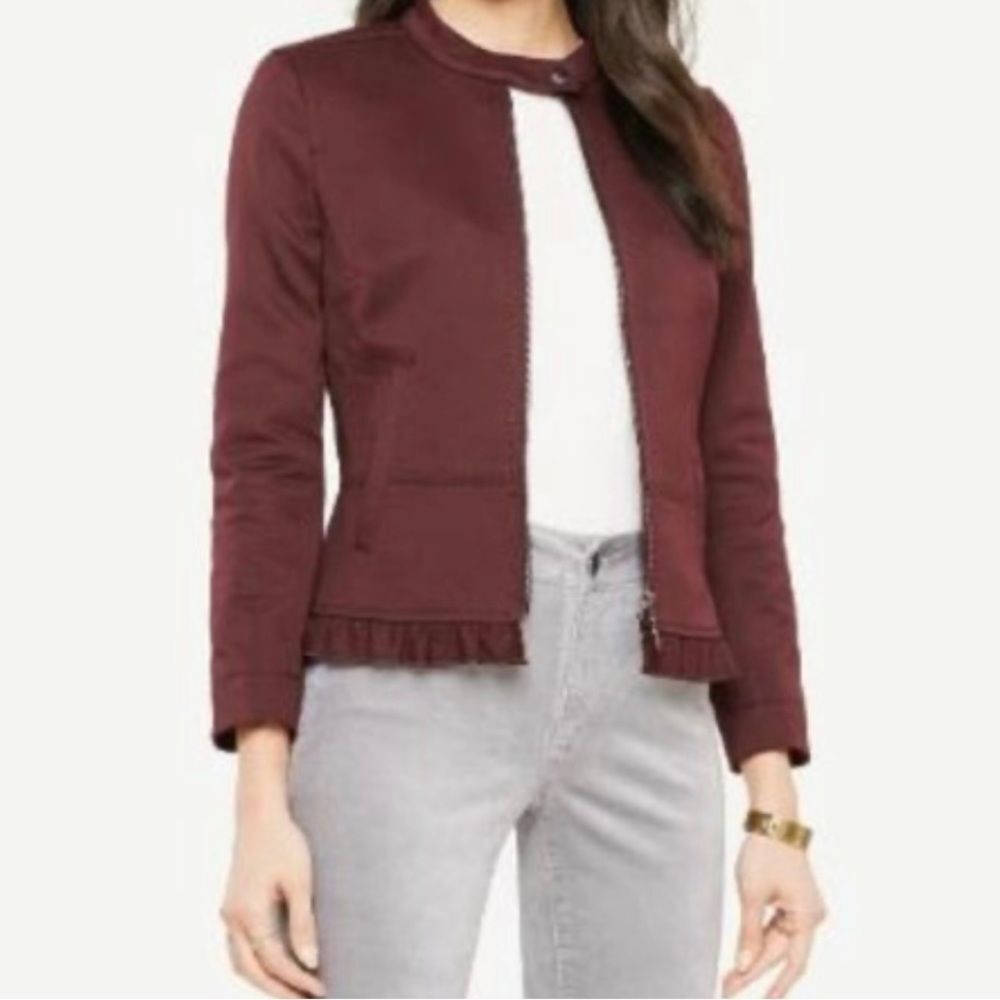 New Ann Taylor Ruffle Twill Moto Jacket Blazer Zipper Vino Wine - Picture 2 of 10
